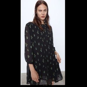 Zara Black Pleated Mini Dress Cactus Print